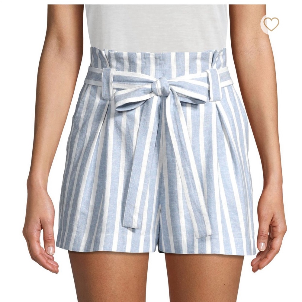 FRAME Linen Blue White Striped High Waisted Shorts